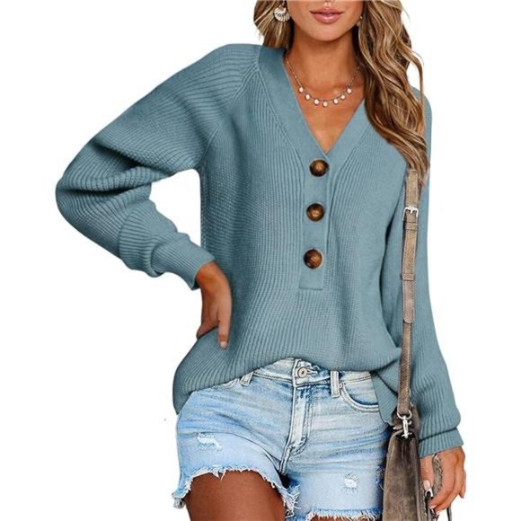 Long Sleeve V Neck Button Down Sweater Ribbed Knit Sweater For Women